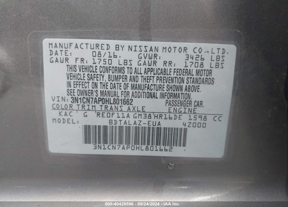 2017 NISSAN VERSA 1.6 S+ VIN: 3N1CN7AP0HL801662