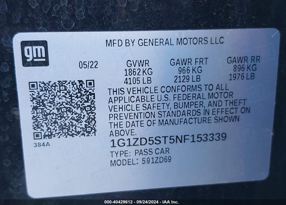 2022 CHEVROLET MALIBU VIN: 1G1ZD5ST5NF153339