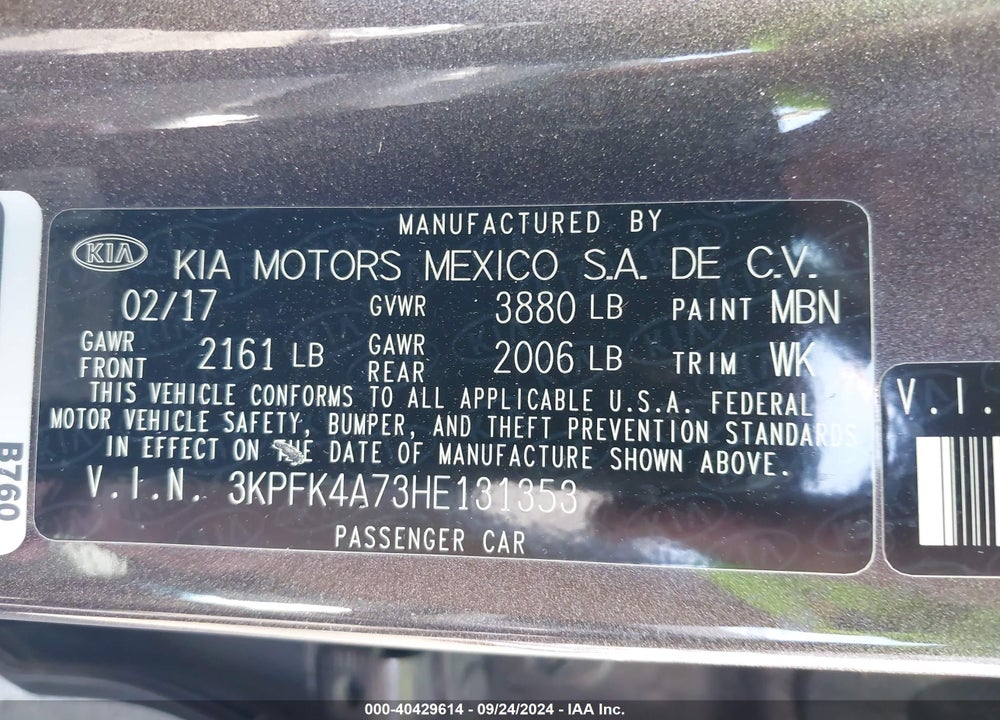 2017 KIA FORTE LX VIN: 3KPFK4A73HE131353