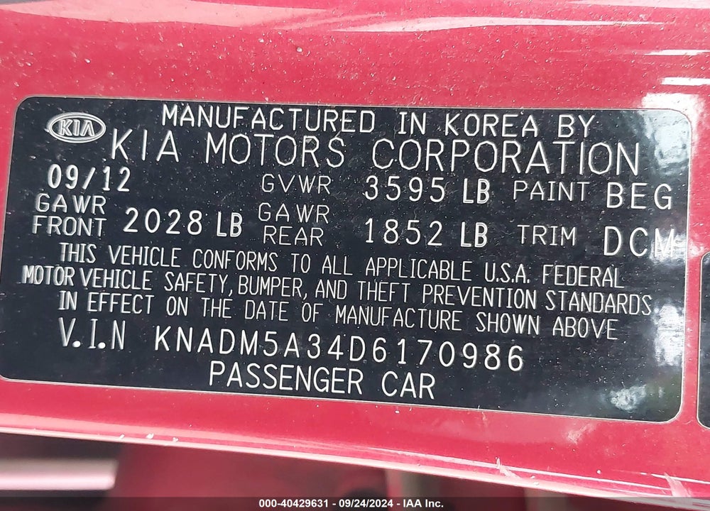 2013 KIA RIO LX VIN: KNADM5A34D6170986