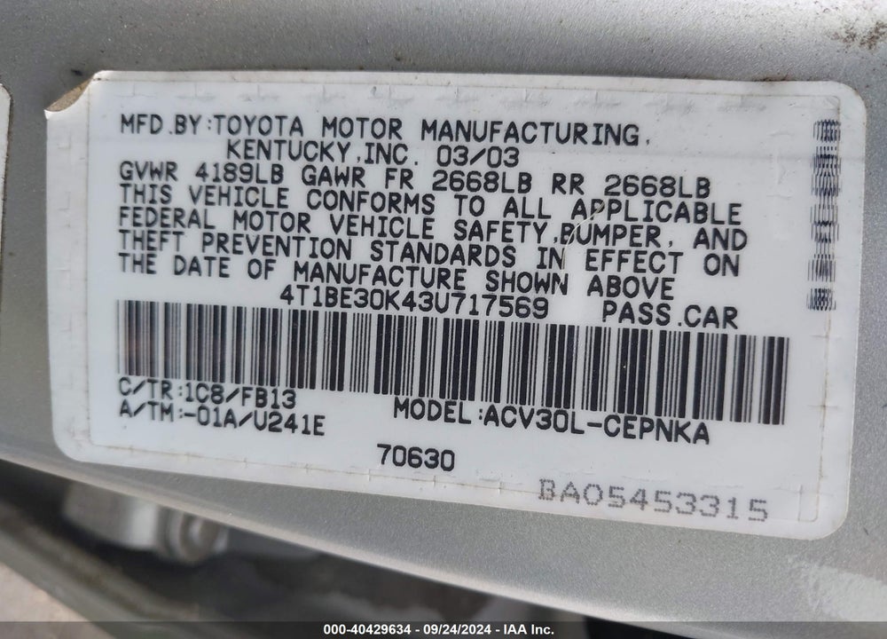 2003 TOYOTA CAMRY LE VIN: 4T1BE30K43U717569