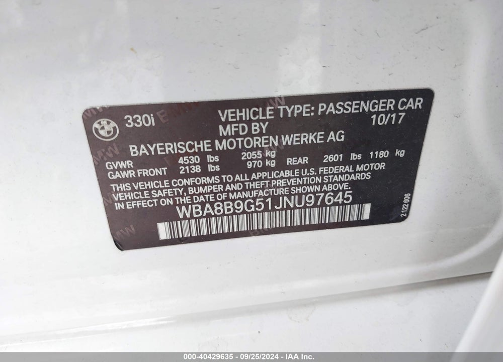 2018 BMW 330I VIN: WBA8B9G51JNU97645
