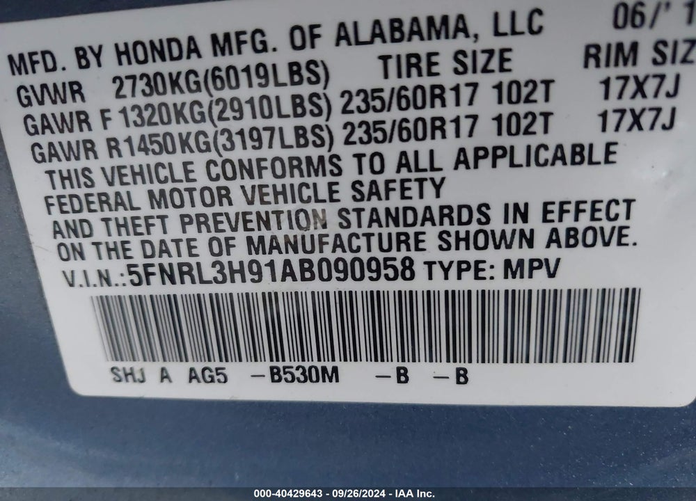 2010 HONDA ODYSSEY TOURING VIN: 5FNRL3H91AB090958