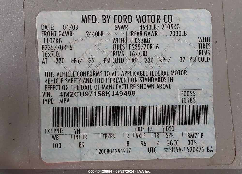 2008 MERCURY MARINER PREMIER VIN: 4M2CU97158KJ49499