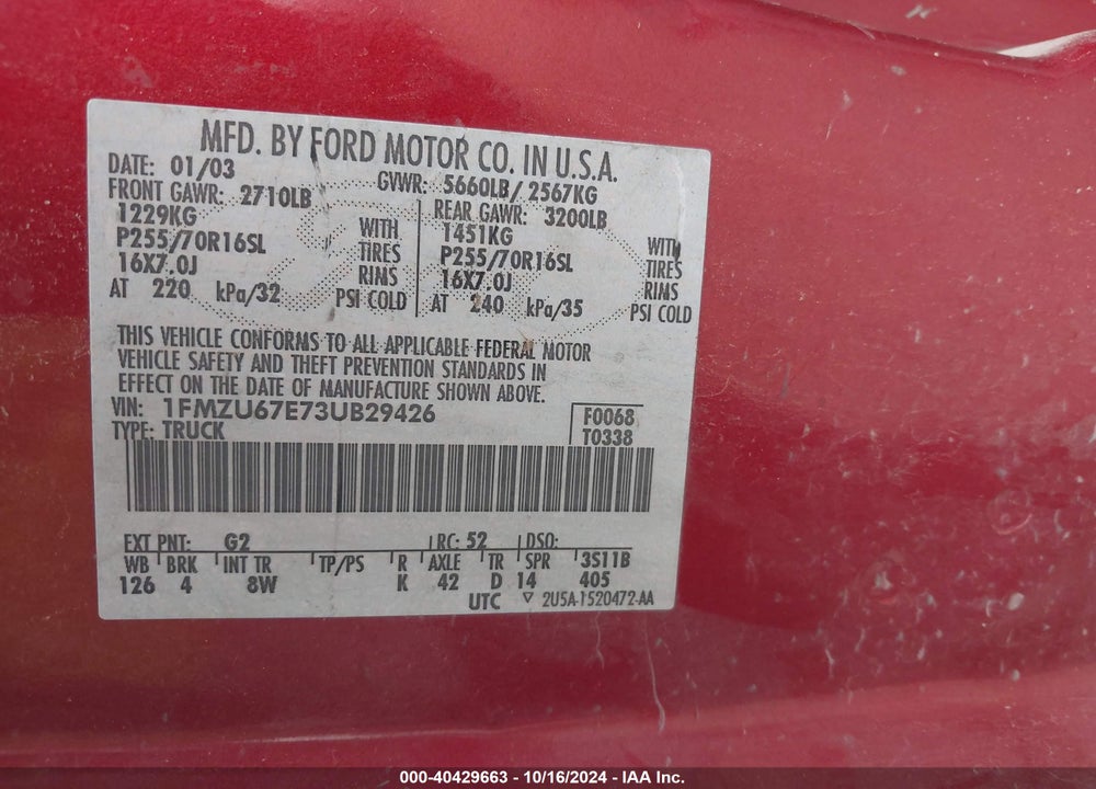 2003 FORD EXPLORER SPORT TRAC XLS/XLT VIN: 1FMZU67E73UB29426