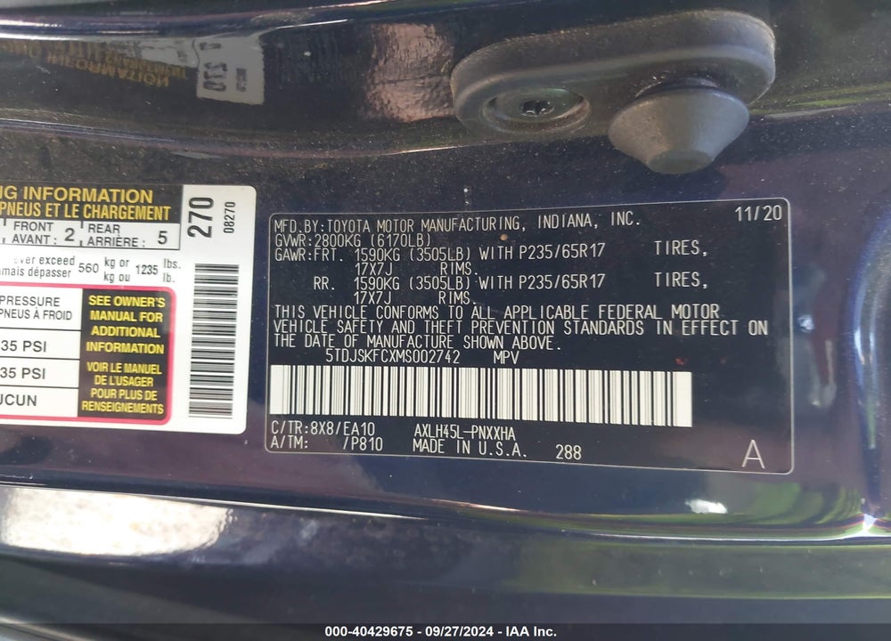 2021 TOYOTA SIENNA XLE VIN: 5TDJSKFCXMS002742
