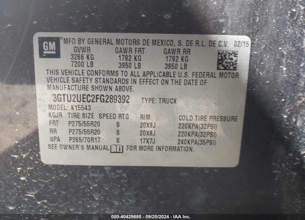 2015 GMC SIERRA 1500 SLE VIN: 3GTU2UEC2FG289392