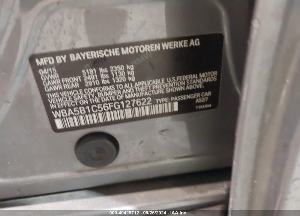 2015 BMW 535I VIN: WBA5B1C56FG127622