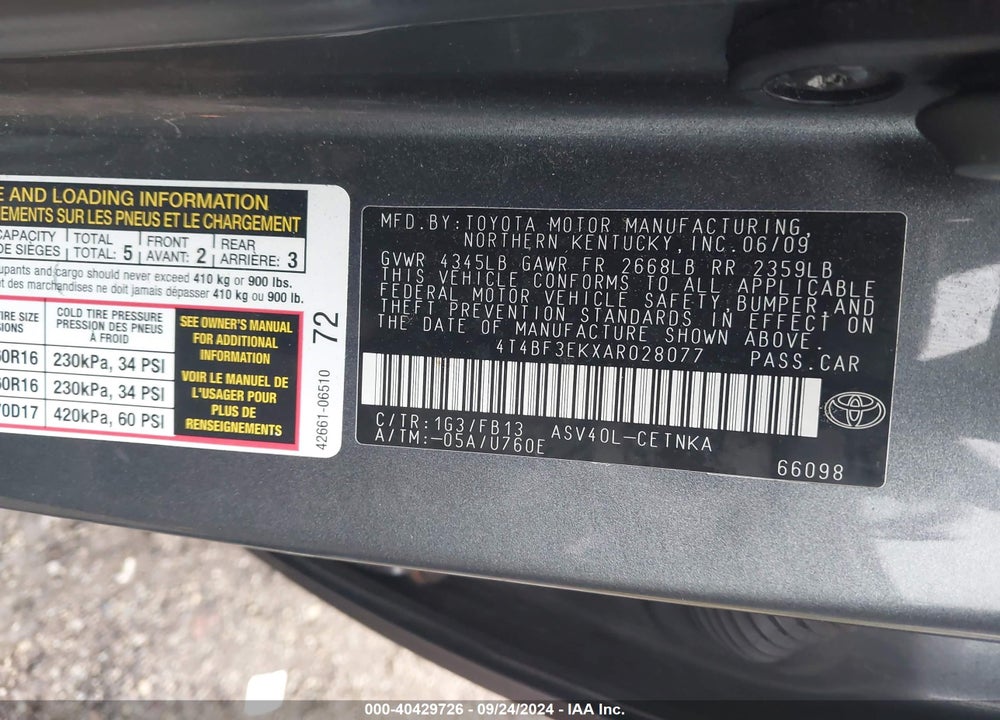 2010 TOYOTA CAMRY LE VIN: 4T4BF3EKXAR028077