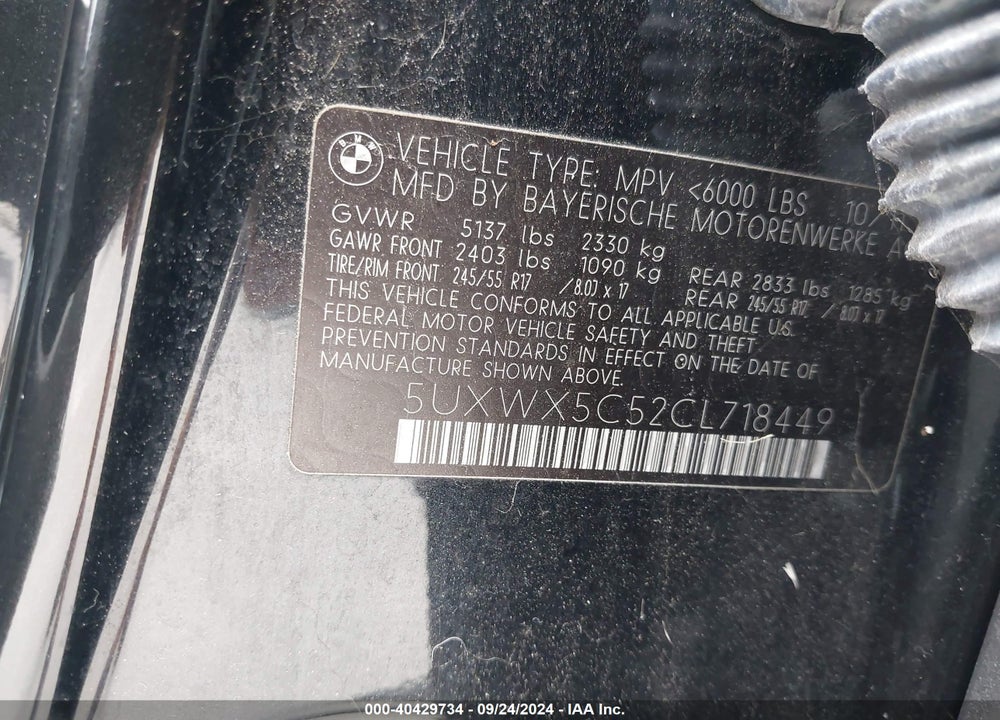 2012 BMW X3 XDRIVE28I VIN: 5UXWX5C52CL718449
