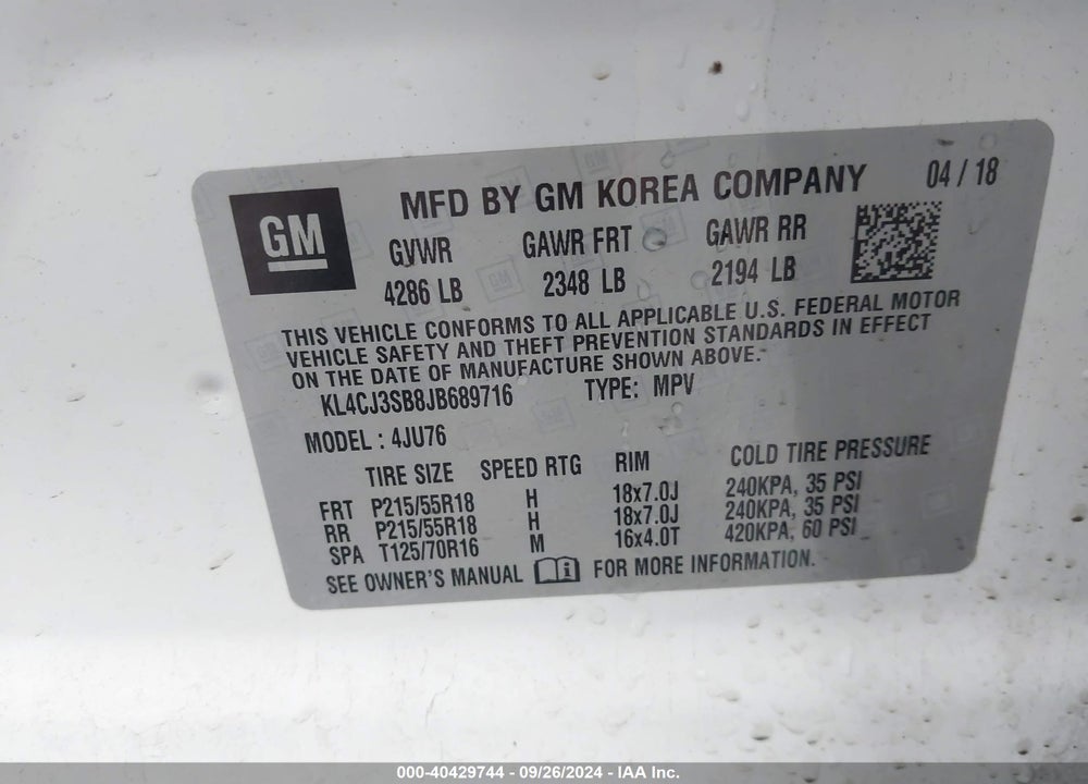 2018 BUICK ENCORE VIN: KL4CJ3SB8JB689716