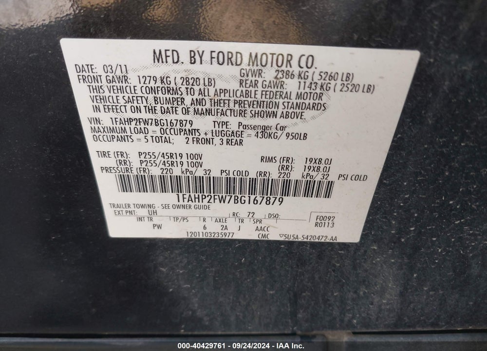 2011 FORD TAURUS LIMITED VIN: 1FAHP2FW7BG167879