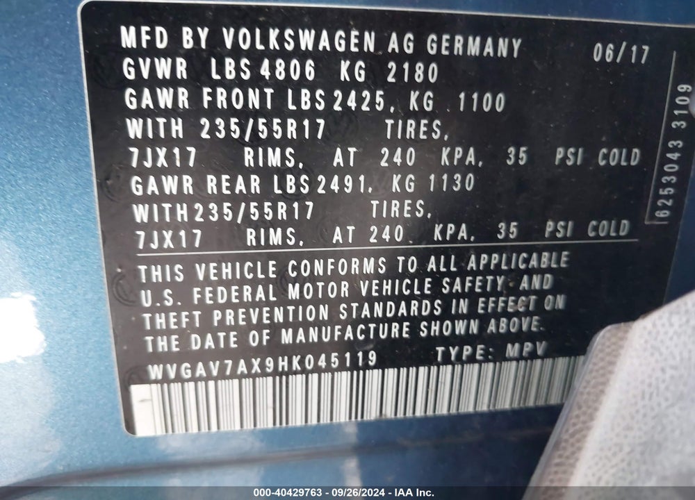 2017 VOLKSWAGEN TIGUAN 2.0T/2.0T S VIN: WVGAV7AX9HK045119