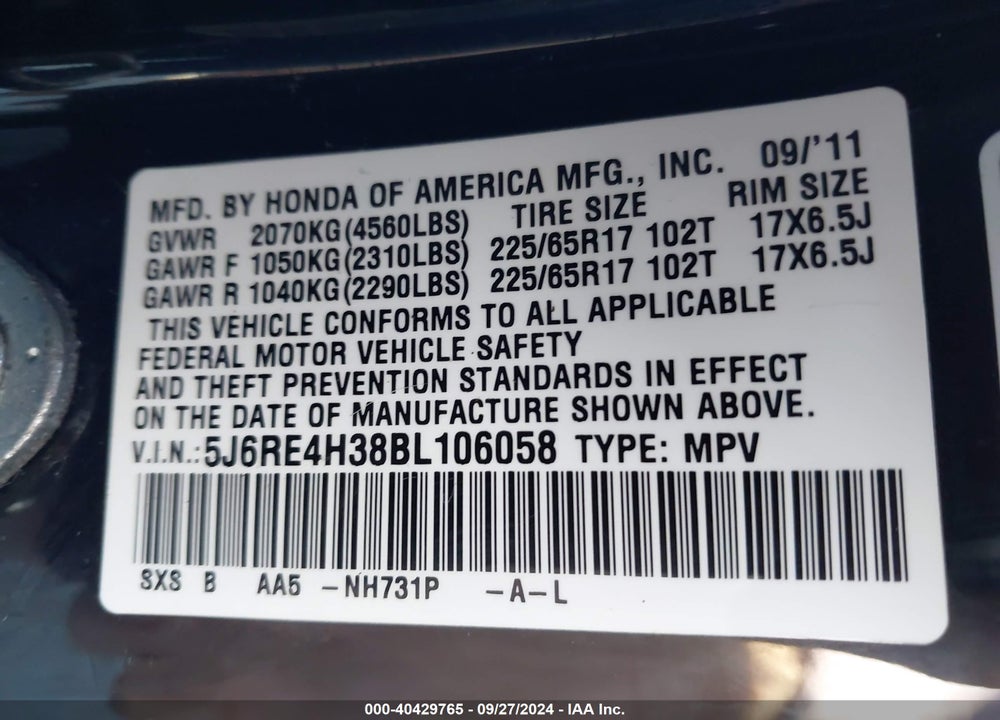 2011 HONDA CR-V LX VIN: 5J6RE4H38BL106058