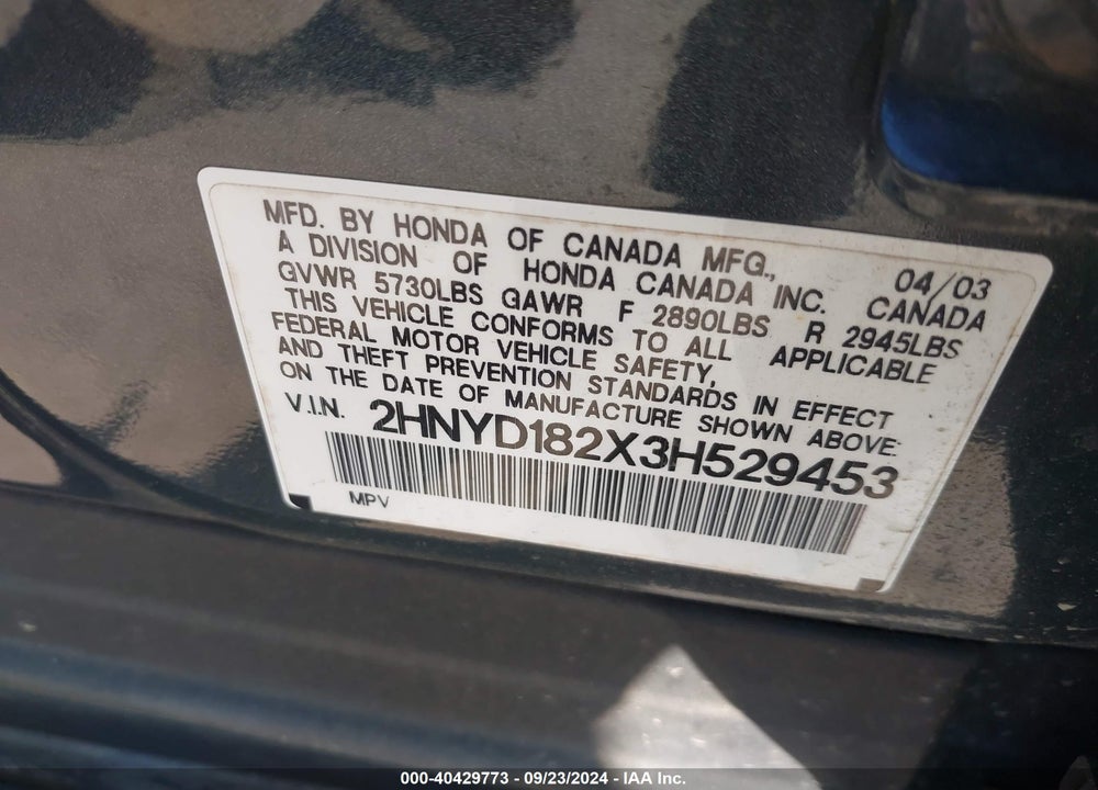 2003 ACURA MDX VIN: 2HNYD182X3H529453