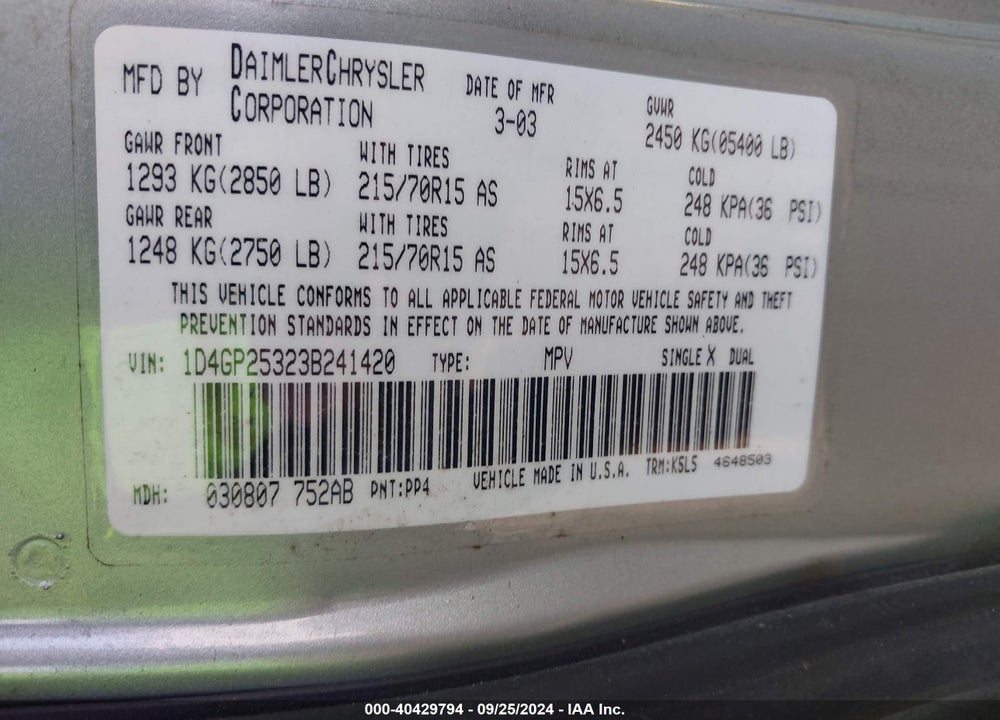 2003 DODGE CARAVAN SE VIN: 1D4GP25323B241420