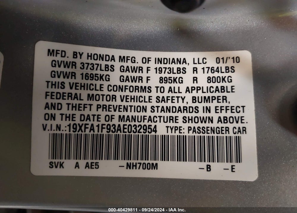 2010 HONDA CIVIC EX-L VIN: 19XFA1F93AE032954