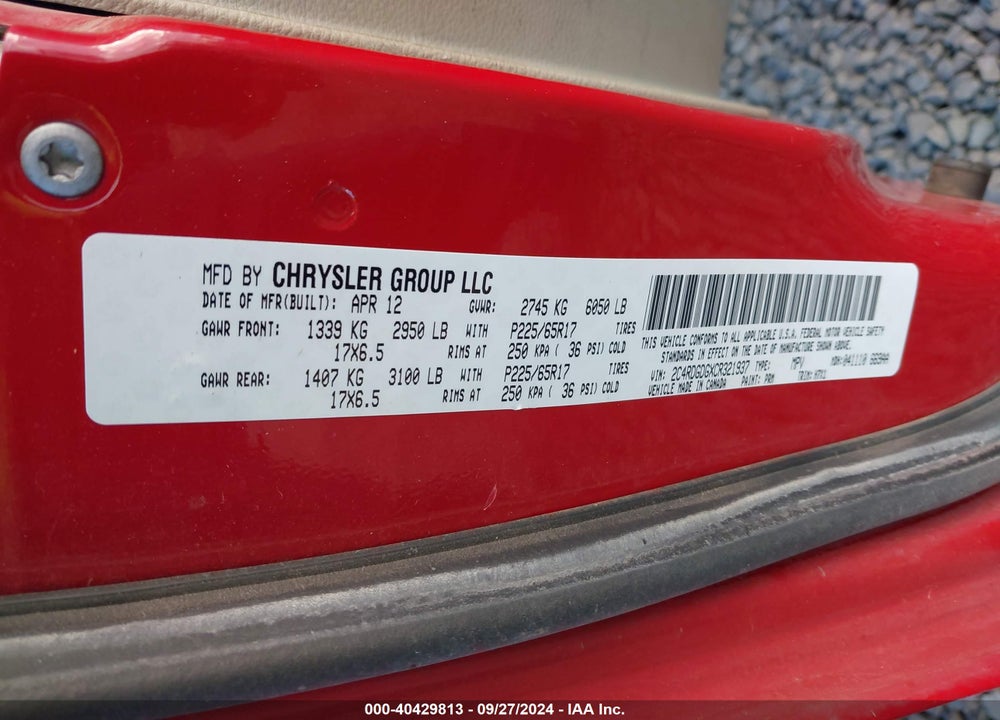 2012 DODGE GRAND CARAVAN CREW VIN: 2C4RDGDGXCR321937