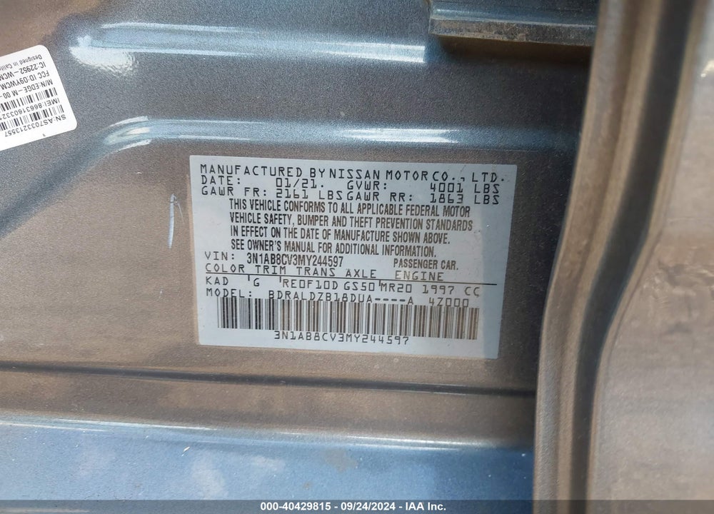2021 NISSAN SENTRA SV XTRONIC CVT VIN: 3N1AB8CV3MY244597