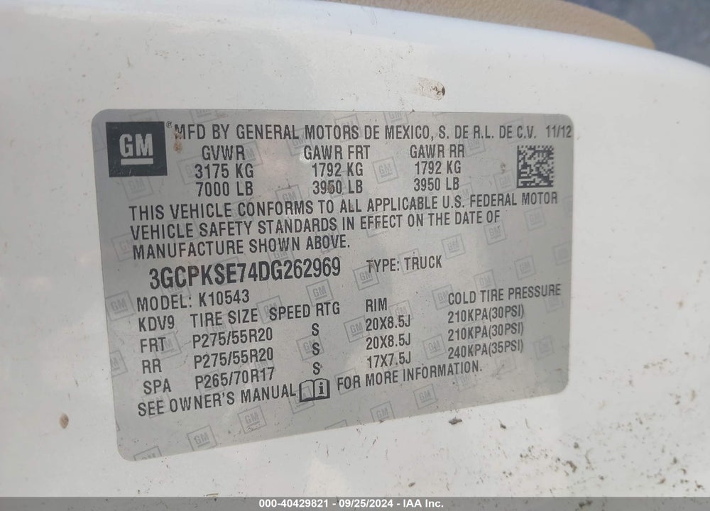 2013 CHEVROLET SILVERADO 1500 LT VIN: 3GCPKSE74DG262969