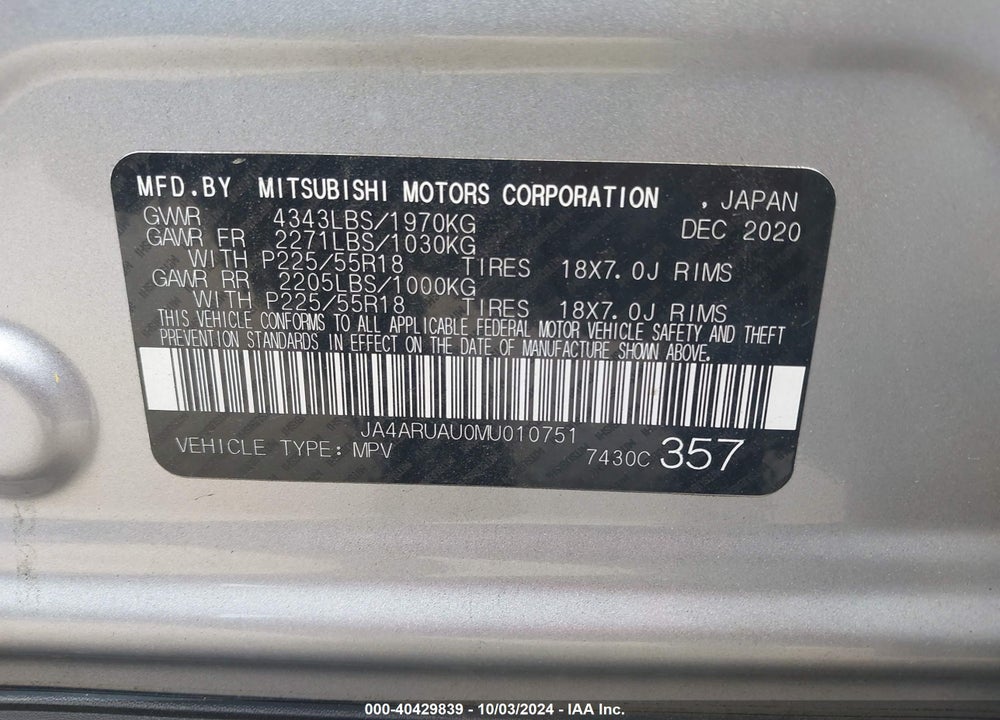 2021 MITSUBISHI OUTLANDER SPORT 2.0 BE AWC/2.0 ES AWC/2.0 LE AWC/2.0 SE AWC VIN: JA4ARUAU0MU010751