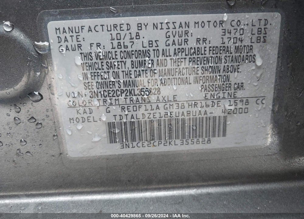 2019 NISSAN VERSA NOTE SV VIN: 3N1CE2CP2KL355828