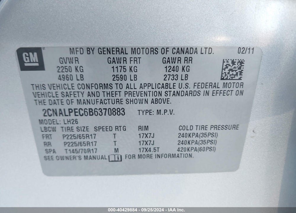 2011 CHEVROLET EQUINOX 2LT VIN: 2CNALPEC6B6370883