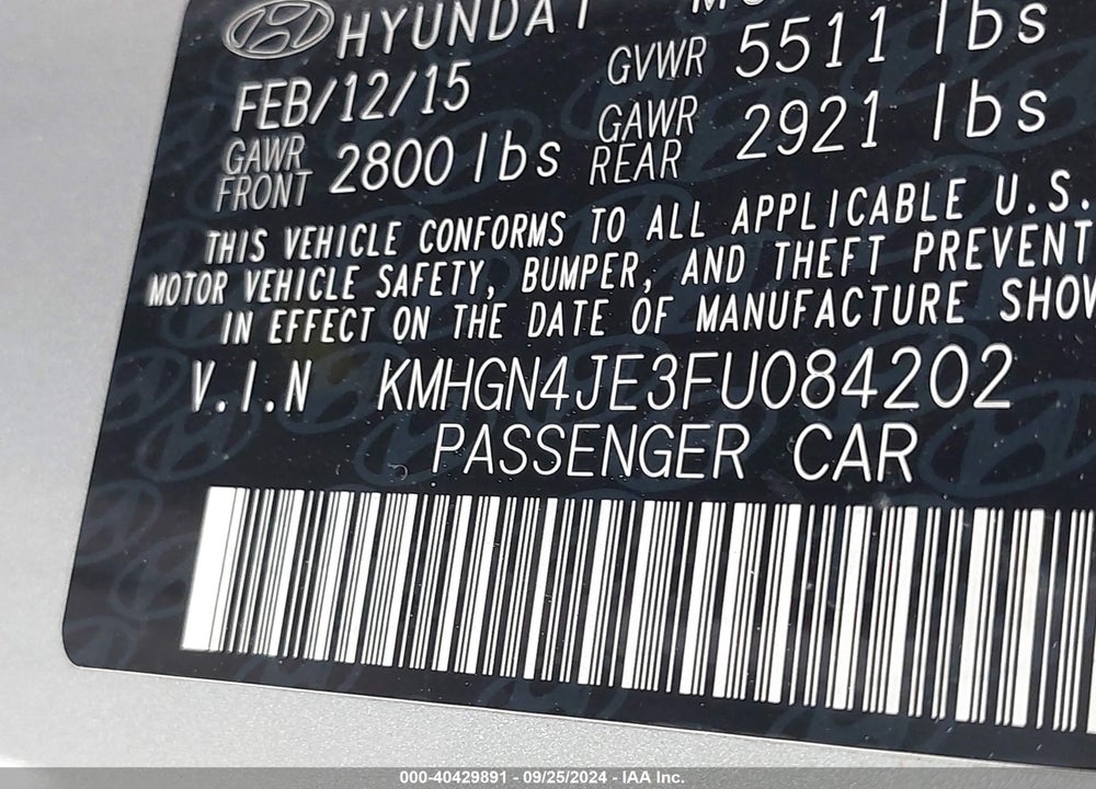 2015 HYUNDAI GENESIS 3.8 VIN: KMHGN4JE3FU084202