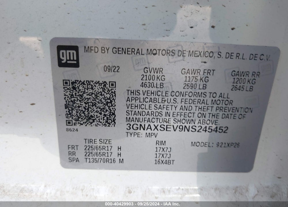 2022 CHEVROLET EQUINOX AWD LS VIN: 3GNAXSEV9NS245452