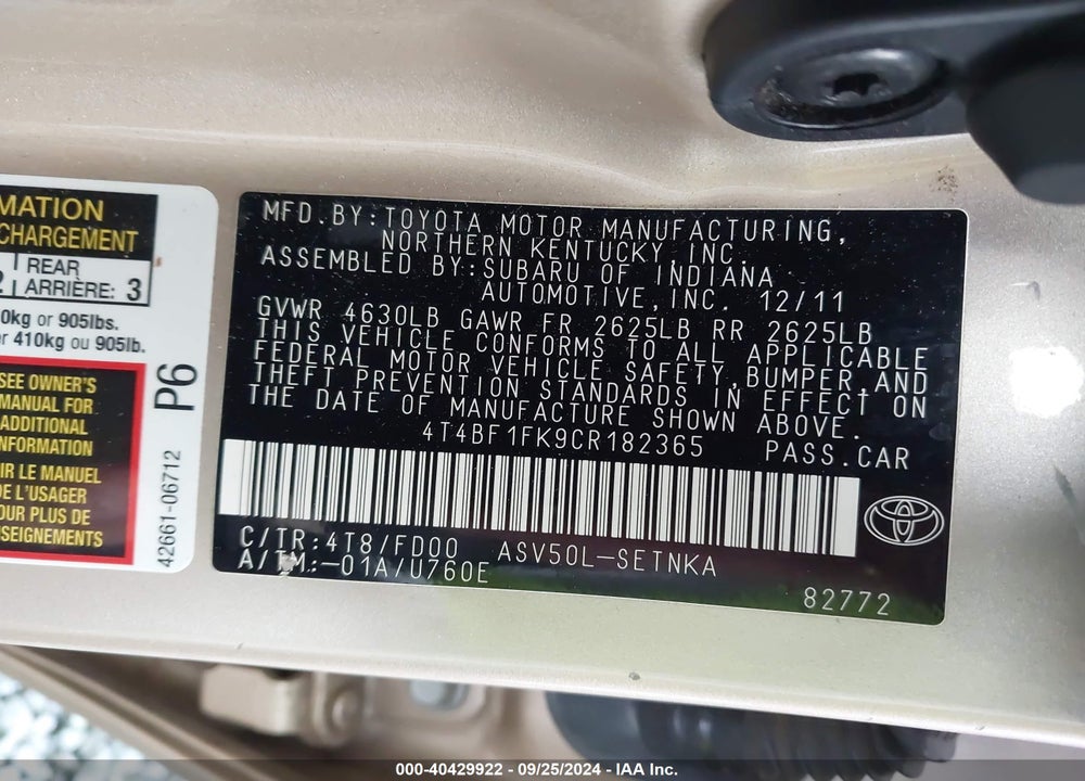 2012 TOYOTA CAMRY LE VIN: 4T4BF1FK9CR182365