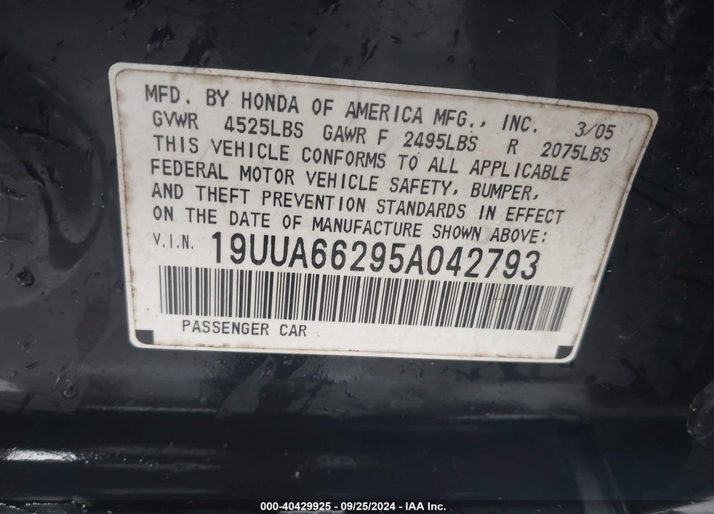 2005 ACURA TL VIN: 19UUA66295A042793