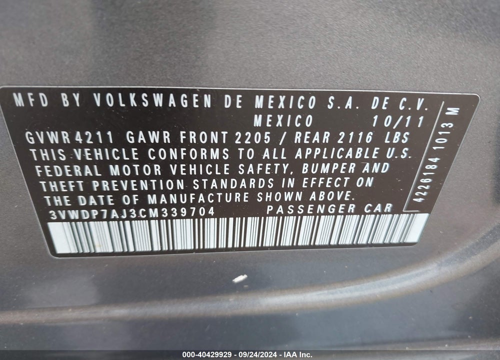 2012 VOLKSWAGEN JETTA 2.5L SE VIN: 3VWDP7AJ3CM339704