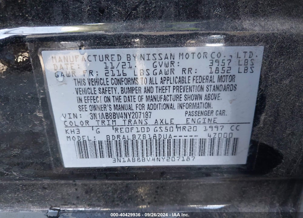 2022 NISSAN SENTRA S XTRONIC CVT VIN: 3N1AB8BV4NY207187