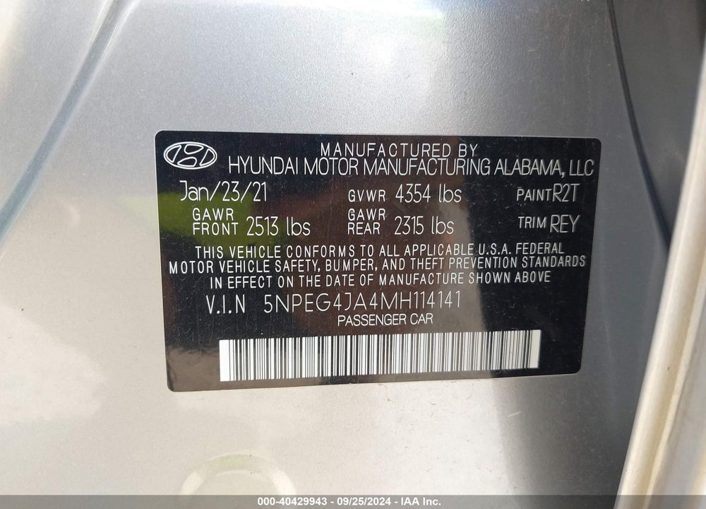 2021 HYUNDAI SONATA SE VIN: 5NPEG4JA4MH114141