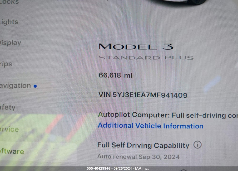 2021 TESLA MODEL 3 STANDARD RANGE PLUS REAR-WHEEL DRIVE VIN: 5YJ3E1EA7MF941409