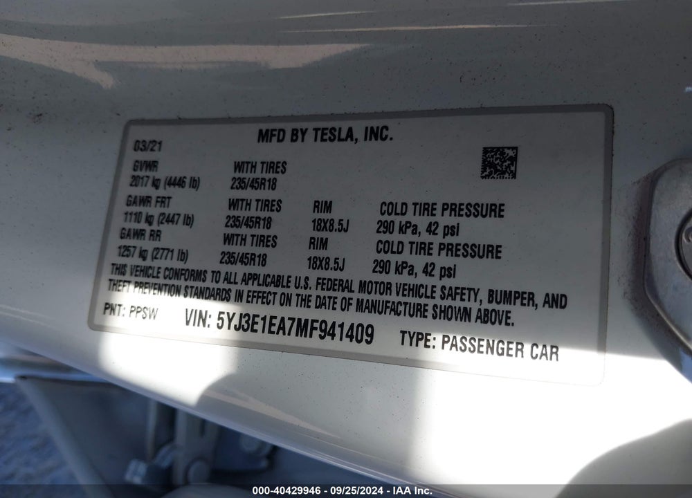 2021 TESLA MODEL 3 STANDARD RANGE PLUS REAR-WHEEL DRIVE VIN: 5YJ3E1EA7MF941409