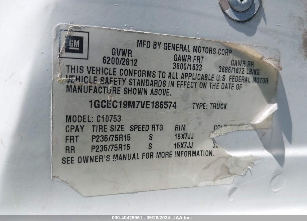 1997 CHEVROLET C1500 FLEETSIDE VIN: 1GCEC19M7VE186574