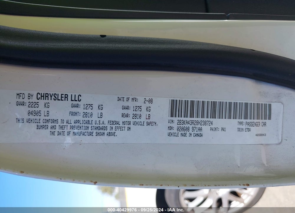 2008 DODGE CHARGER VIN: 2B3KA43R28H238724
