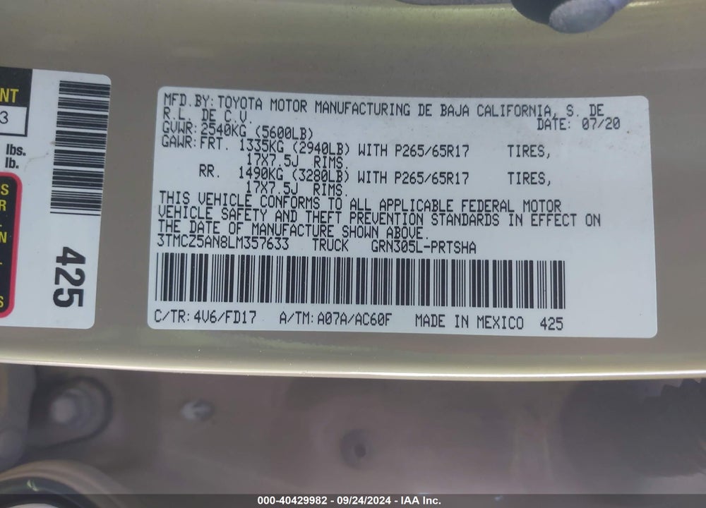2020 TOYOTA TACOMA TRD SPORT VIN: 3TMCZ5AN8LM357633