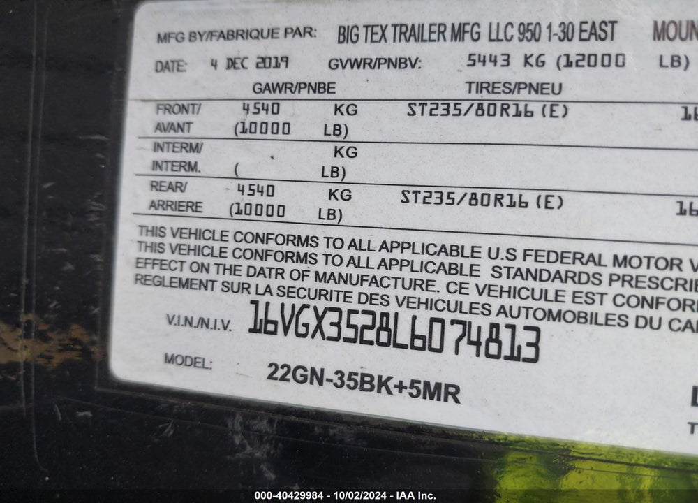 2020 BIG TEX TRAILER CO INC --- VIN: 16VGX3528L6074813
