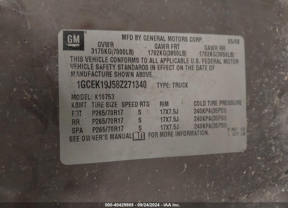2008 CHEVROLET SILVERADO 1500 LT1 VIN: 1GCEK19J58Z271340