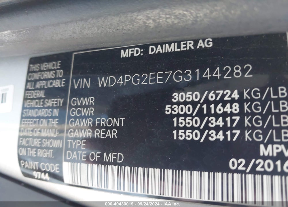 2016 MERCEDES-BENZ METRIS VIN: WD4PG2EE7G3144282