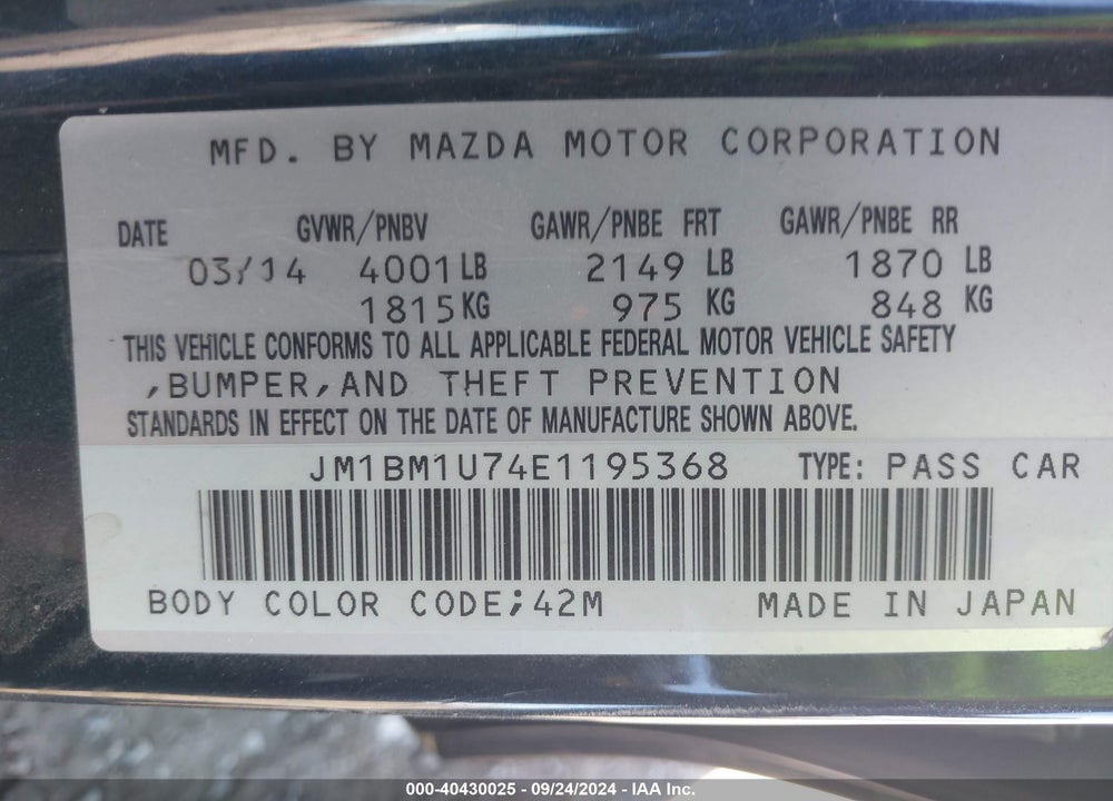 2014 MAZDA 3 I SPORT VIN: JM1BM1U74E1195368