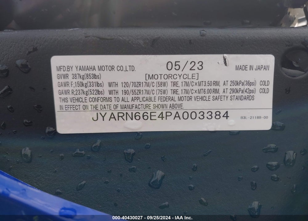 2023 YAMAHA YZFR1 VIN: JYARN66E4PA003384