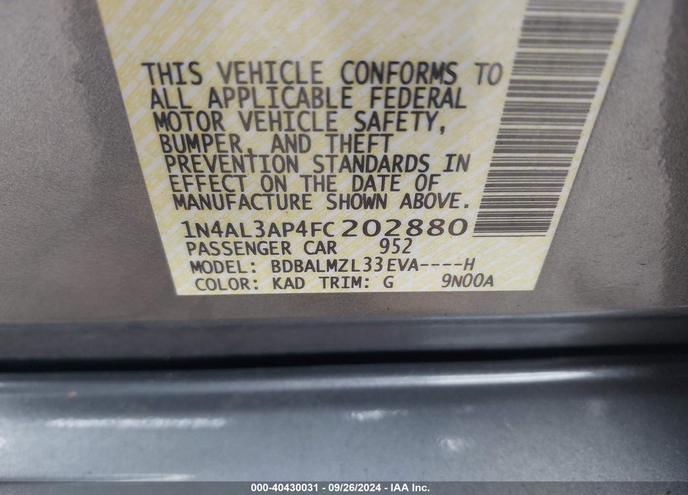 2015 NISSAN ALTIMA 2.5 SV VIN: 1N4AL3AP4FC202880