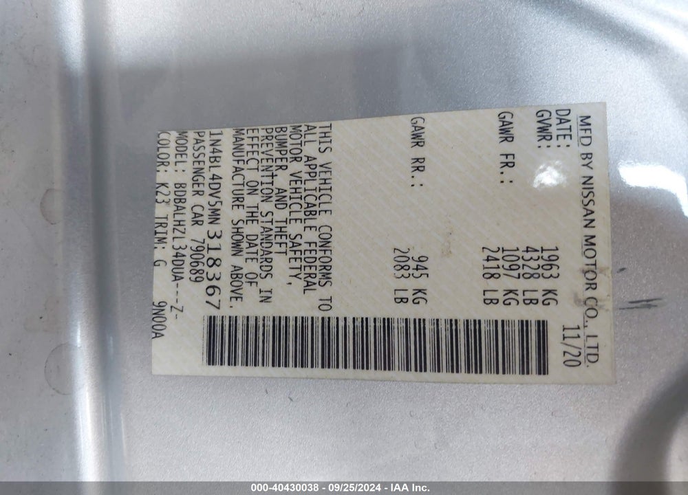 2021 NISSAN ALTIMA SV FWD VIN: 1N4BL4DV5MN318367