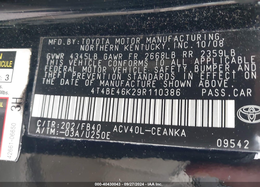 2009 TOYOTA CAMRY LE VIN: 4T4BE46K29R110386