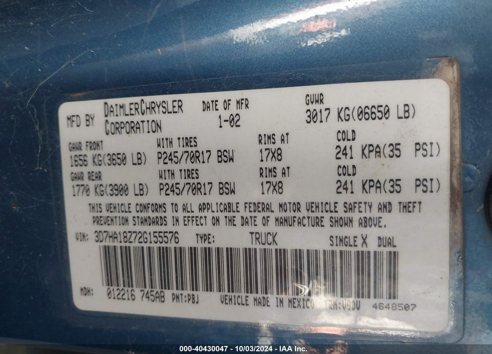 2002 DODGE RAM 1500 SLT/ST VIN: 3D7HA18Z72G155576