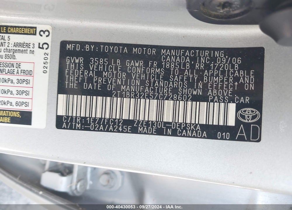 2007 TOYOTA COROLLA S VIN: 2T1BR32E57C728602