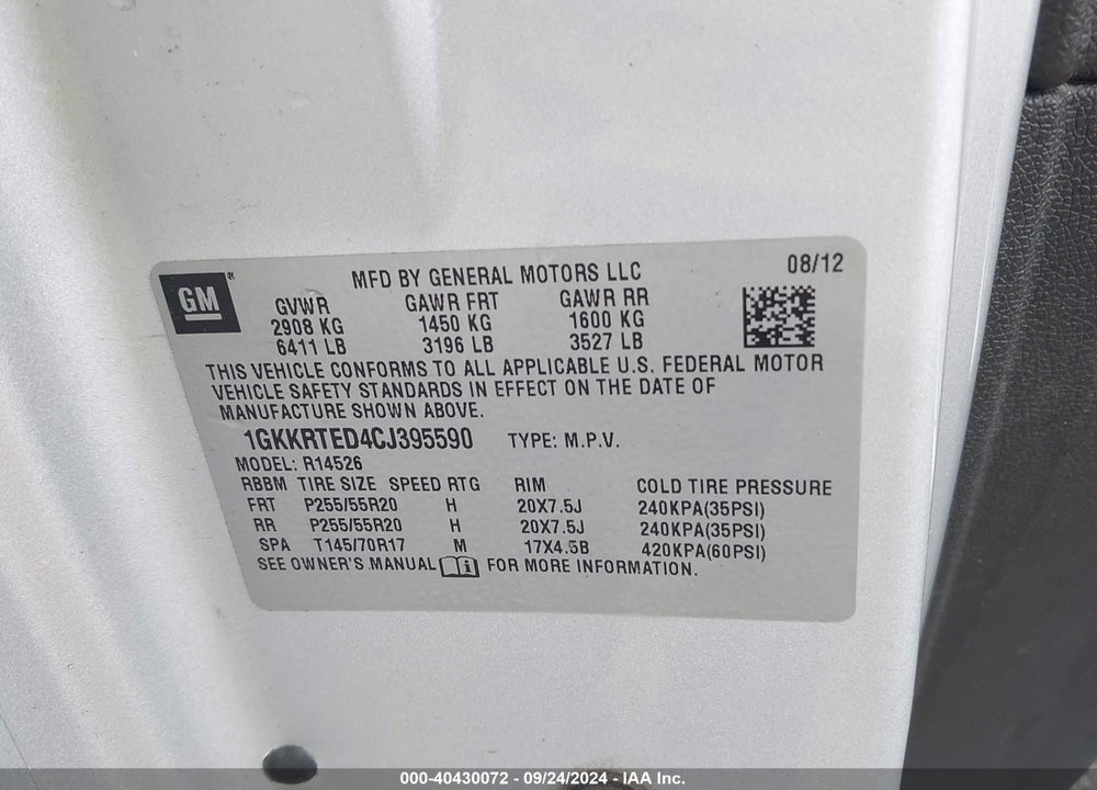 2012 GMC ACADIA DENALI VIN: 1GKKRTED4CJ395590